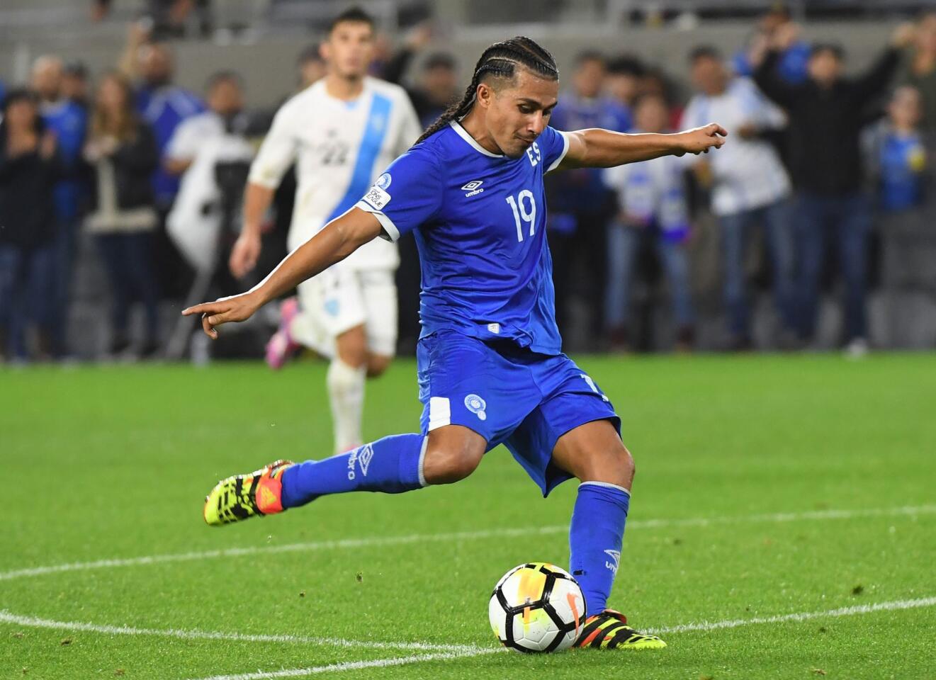 Gerson Mayen of El Salvador hits the ball during their international friendly match against Guatemala at the Banc of California Stadium in Los Angeles, California on March 6, 2019. (Photo by Mark RALSTON / AFP)MARK RALSTON/AFP/Getty Images ** OUTS - ELSENT, FPG, CM - OUTS * NM, PH, VA if sourced by CT, LA or MoD **