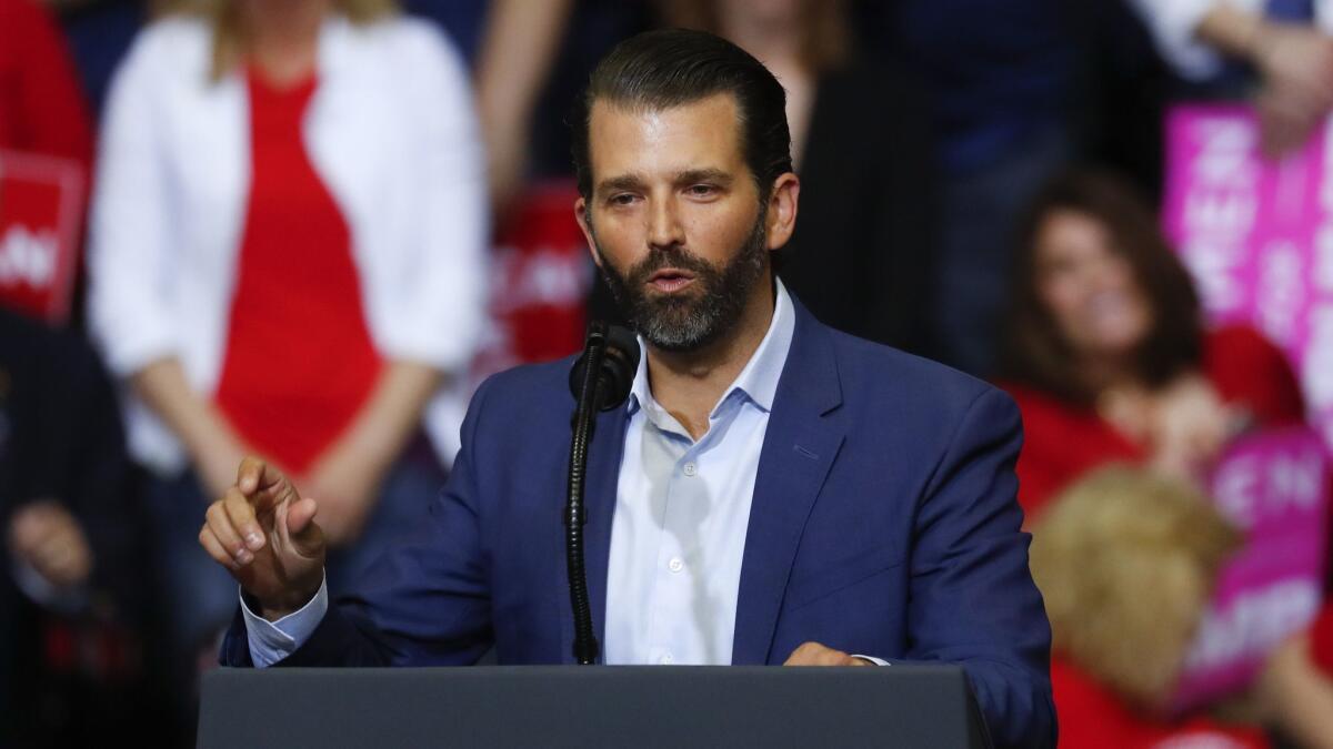 Donald Trump Jr. speaks at a rally for President Trump on March 28.