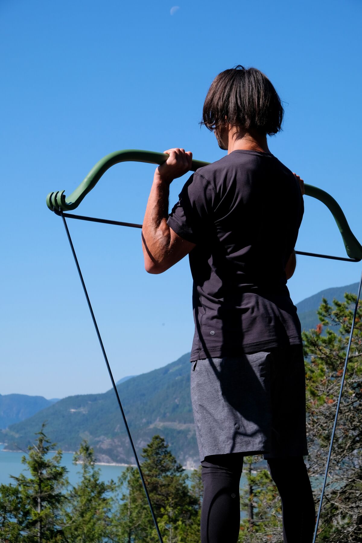 The GorillaBow is a portable home gym that combines stretch cords with a pseudo-bow-hunting frame.