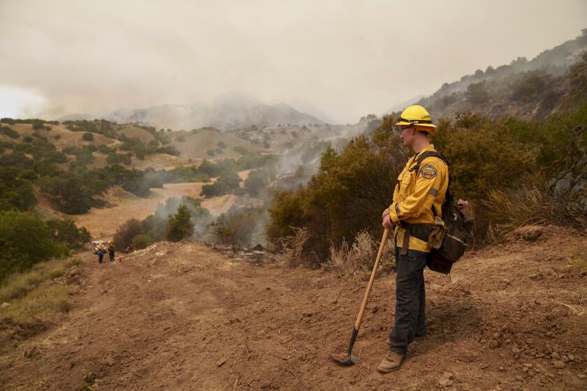 A firefighter keeps watch on advancing flames from the Lake Fire in Los Olivos, Calif., Saturday, July 6, 2024. (AP Photo/Eric Thayer)