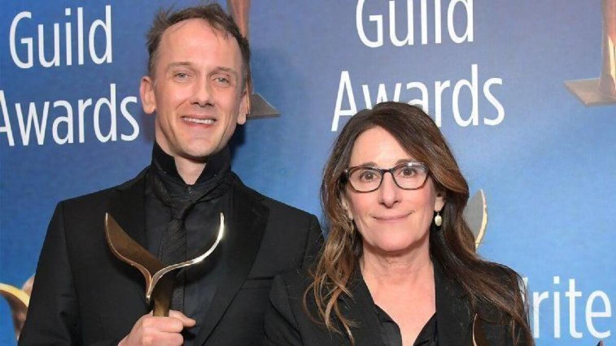 Jeff Whitty and Nicole Holofcener, winners of adapted screenplay for "Can You Ever Forgive Me?"