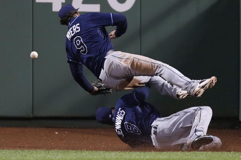 Tampa Bay Rays right fielder Wil Myers, top, and center fielder Desmond Jennings collide while trying to make the play on a winning run-scoring triple by Boston's A.J. Pierzynski during the 10th inning of a 3-2 loss Friday.