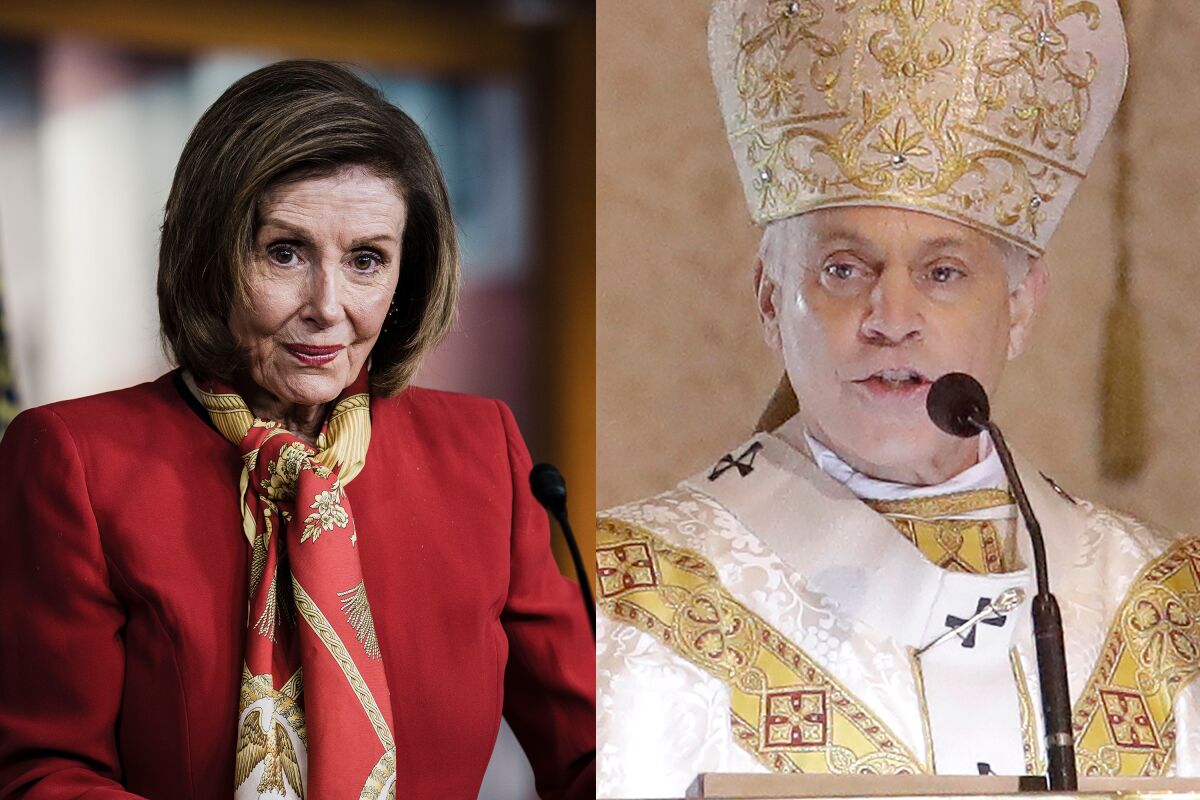 Split photos of House Speaker Nancy Pelosi, left, and San Francisco Archbishop Salvatore Cordileone