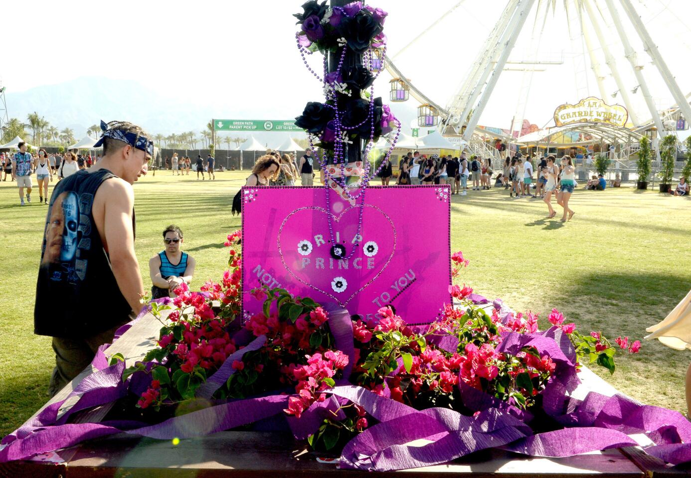 A memorial to Prince is seen during the first day of Weekend 2 at the 2016 Coachella Valley Music and Arts Festival in Indio.