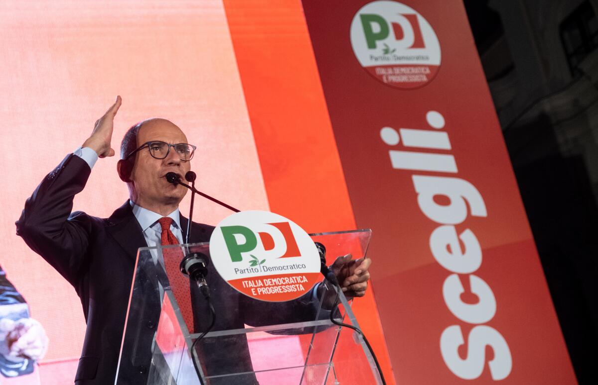 Italy’s Democratic Party leader Enrico Letta speaks during the opening of the electoral campaign in Rome, Tuesday Sept. 6, 2022. Italy’s Democratic Party leader used a rally Tuesday evening to try to galvanize center-left voters, especially young people, trying to confound opinion polls that indicate a right-wing campaign alliance is headed to triumph in this month’s election of a new Parliament. (Mauro Scrobogna/LaPresse via AP)