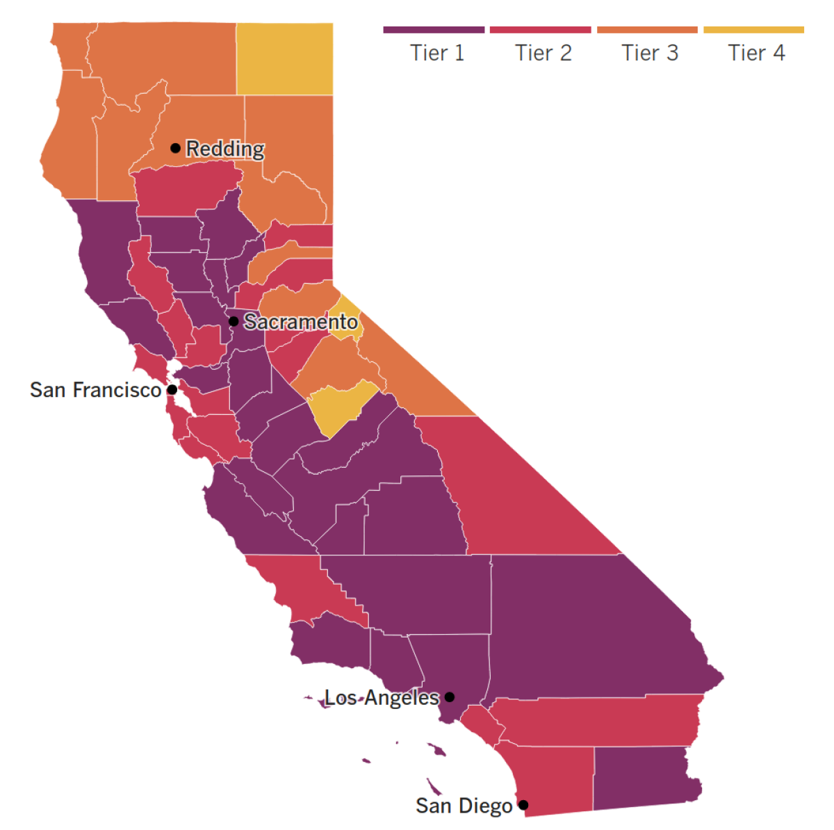 A map of California showing the tiers to which counties have been assigned based on their local coronavirus risk levels.