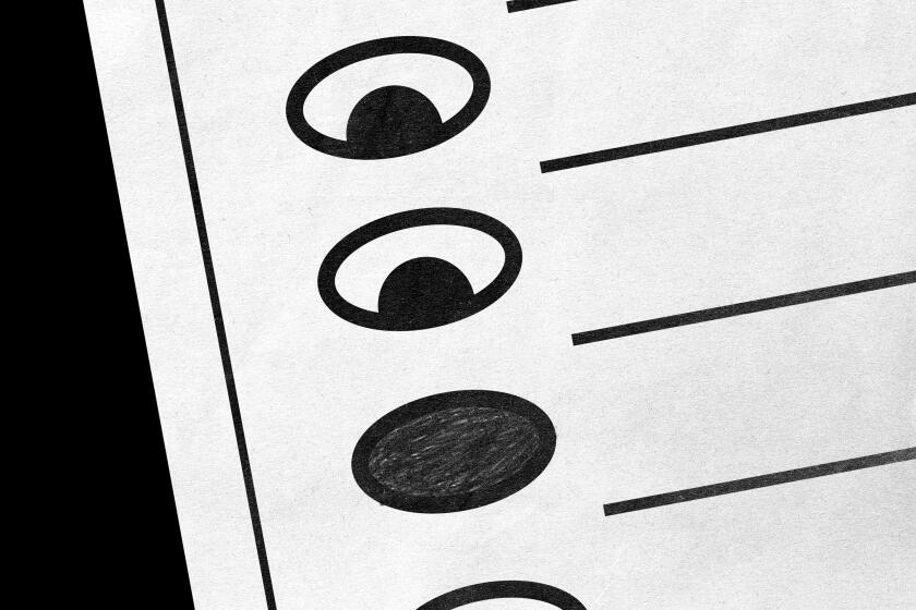 Illustration of a close up of a ballot with two ovals forming peeking eyes at a filled-in oval.