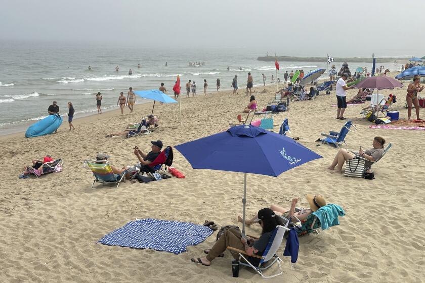 Bañistas bajo sombrillas en la playa de Ocean Grove, el domingo 26 de mayo de 2024, en Nueva Jersey. (AP Foto/Tassanee Vejpongsa)