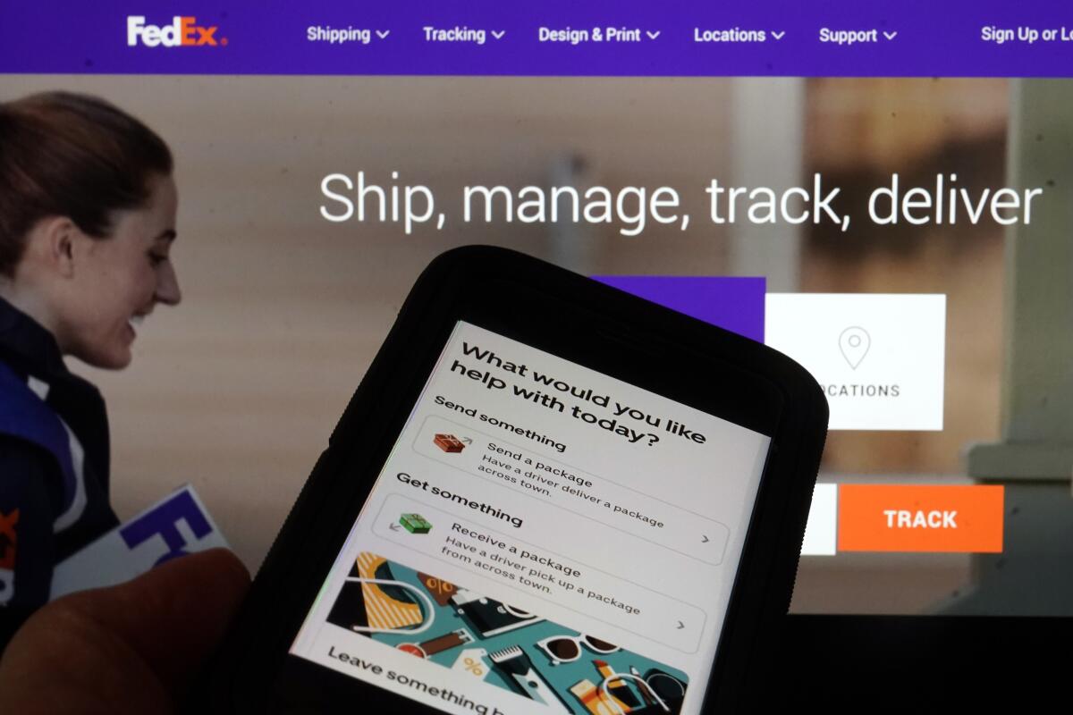 A FedEx webpage and an Uber package app page 