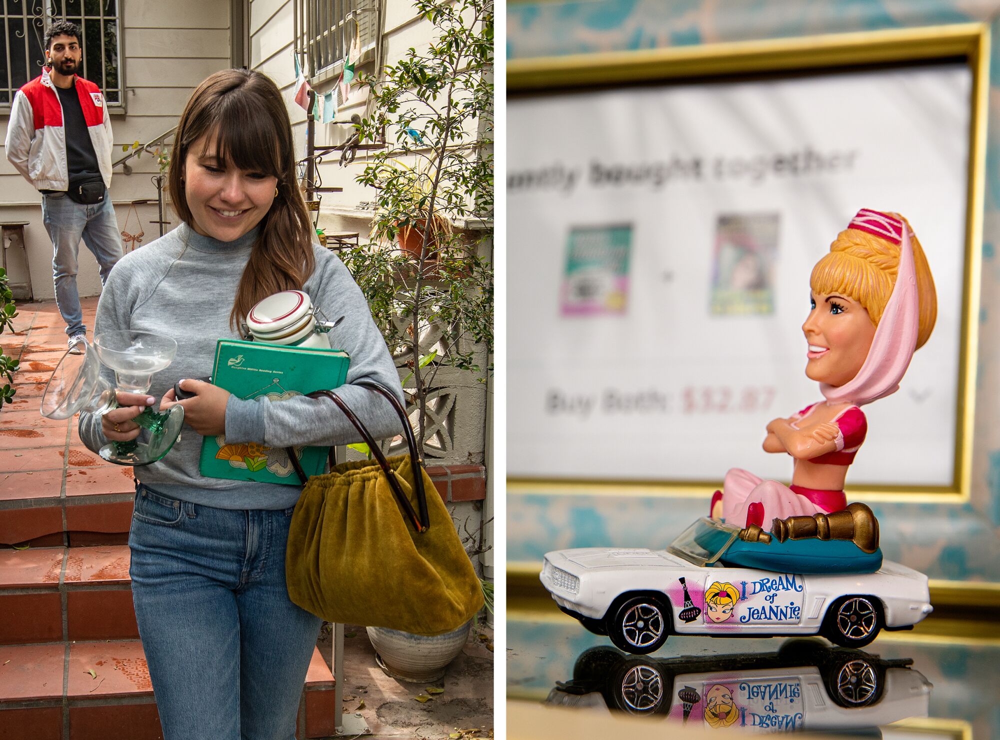 Two photos side by side, one of Amy Solomon exiting a house with items in her arms, and one of a toy sitting on a surface.