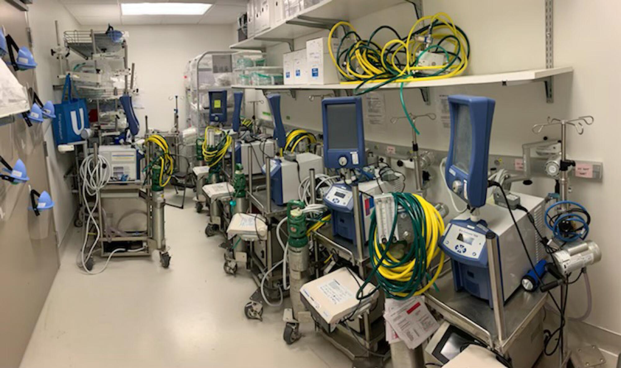 Storage room filled with ECMO machines at UCLA hospital. 