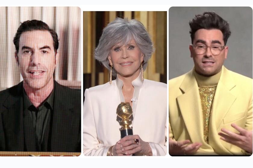  (L-R) Sasha Baron Cohen, Jane Fonda and Dan Levy 