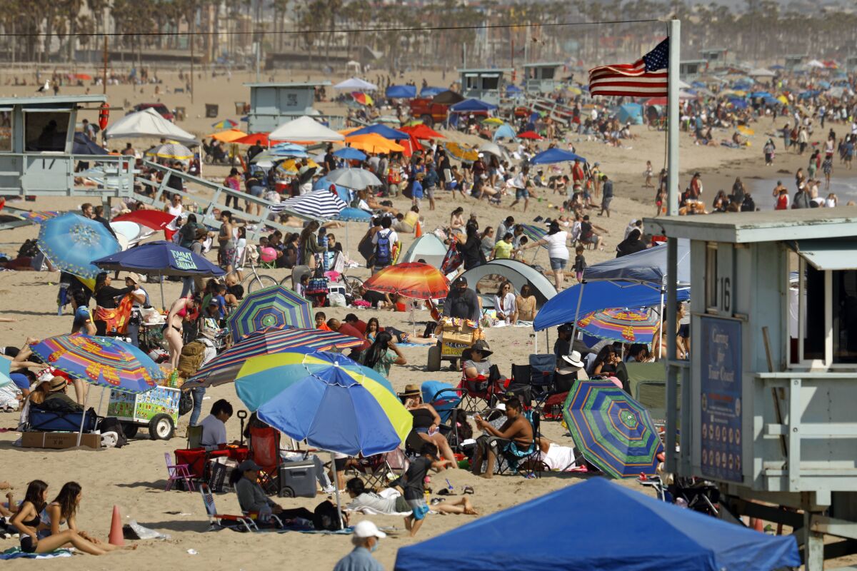 Memorial Day crowds on Santa Monica State Beach.