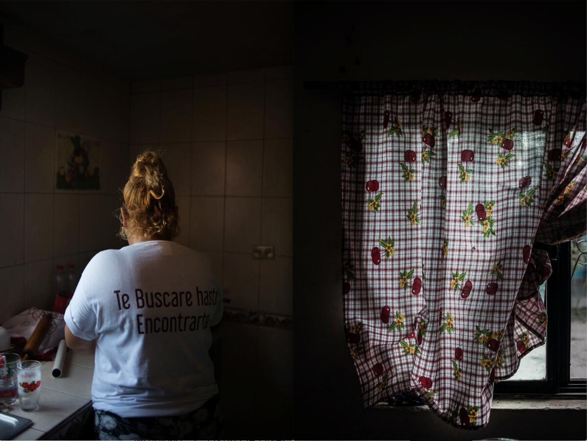 Wearing the white shirt donned by mothers whose children are still missing, a member of the rastreadoras.