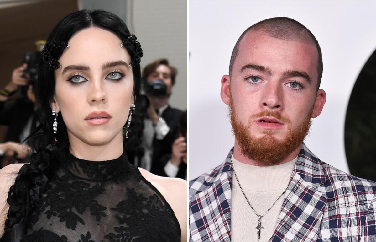 A picture of Billie Eilish with dark hair and a dark dress next to a picture of Angus Cloud in a plaid blazer and beige shirt