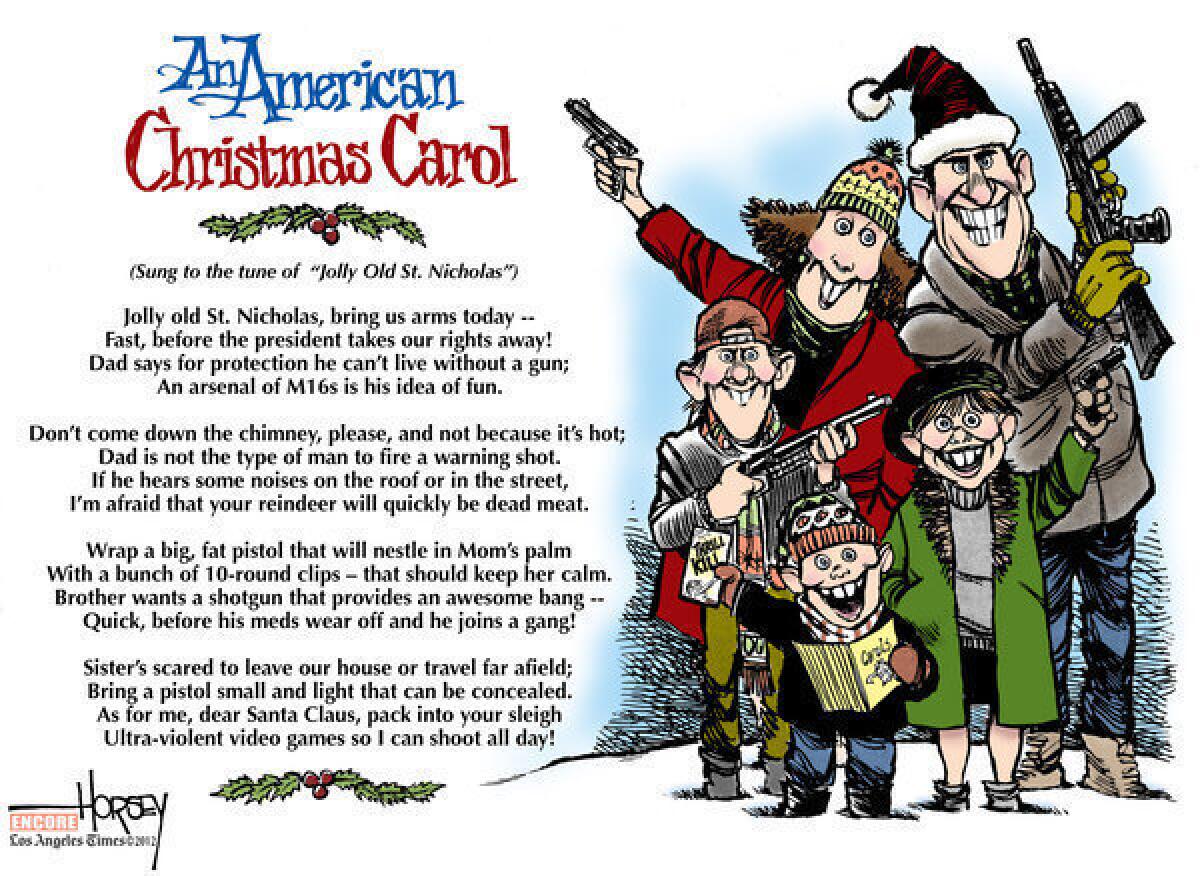 The debate about guns in America is perennial, as shown in this updated David Horsey cartoon from Christmas 1993.