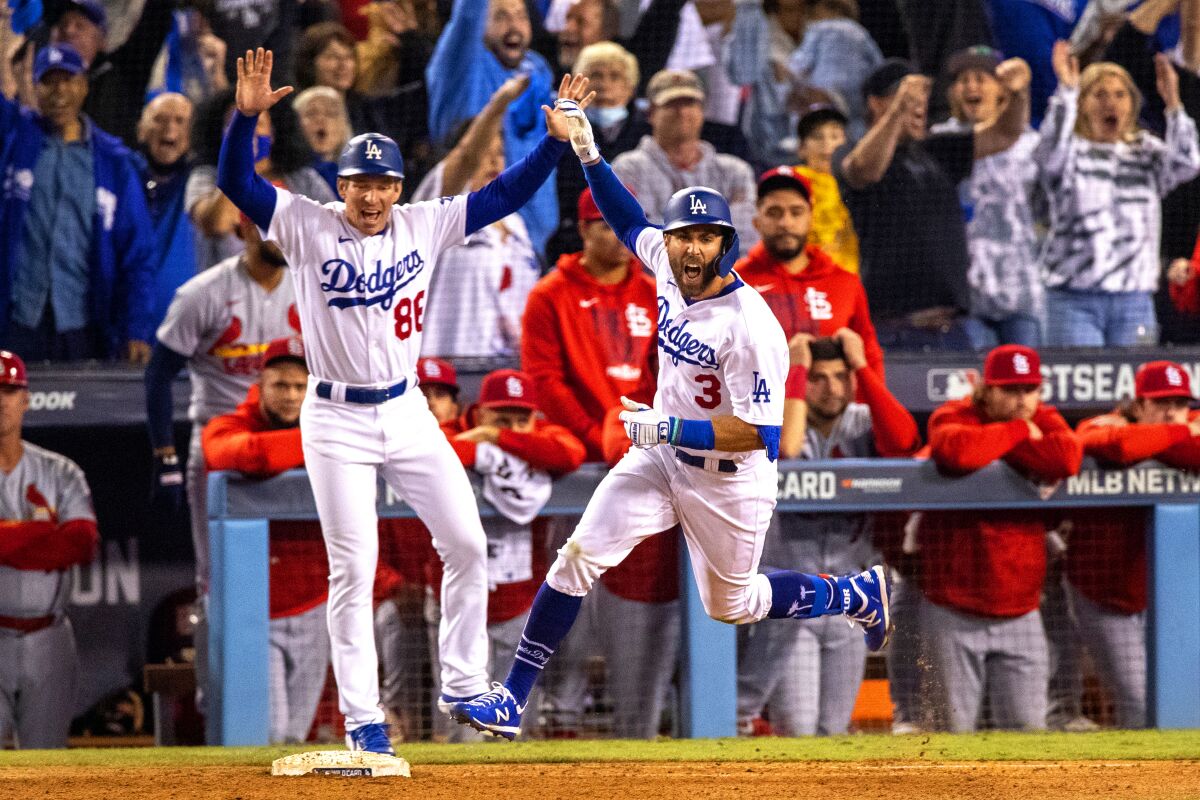 Chris Taylor celebrates his walk-off home run for the Dodgers in the wild-card game on Oct. 6, 2021.