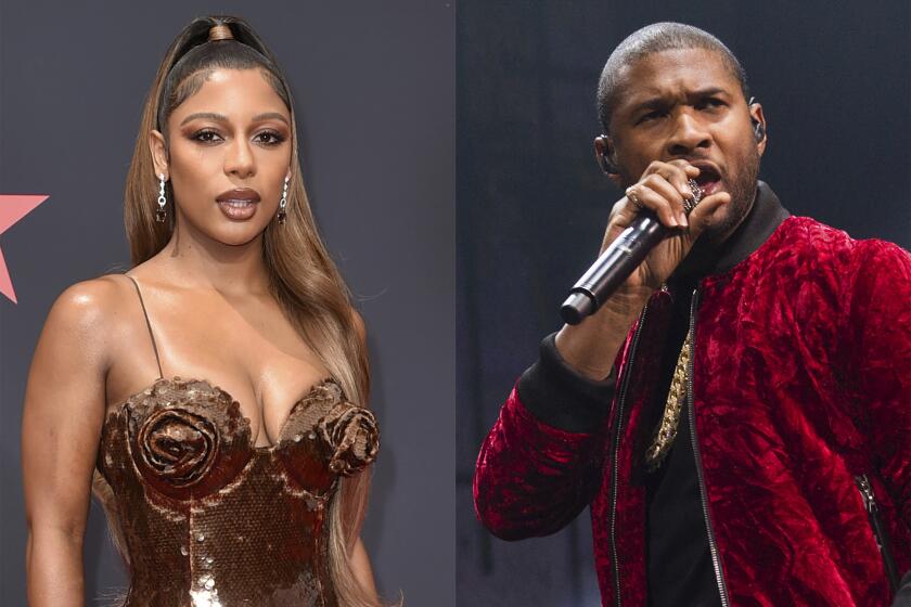This combination of photos shows Victoria Monet at the BET Awards in Los Angeles on June 26, 2022, left, and Usher performs at Power 105.1's Powerhouse 2016 at Barclays Center in New York on Oct. 27, 2016. (AP Photo)