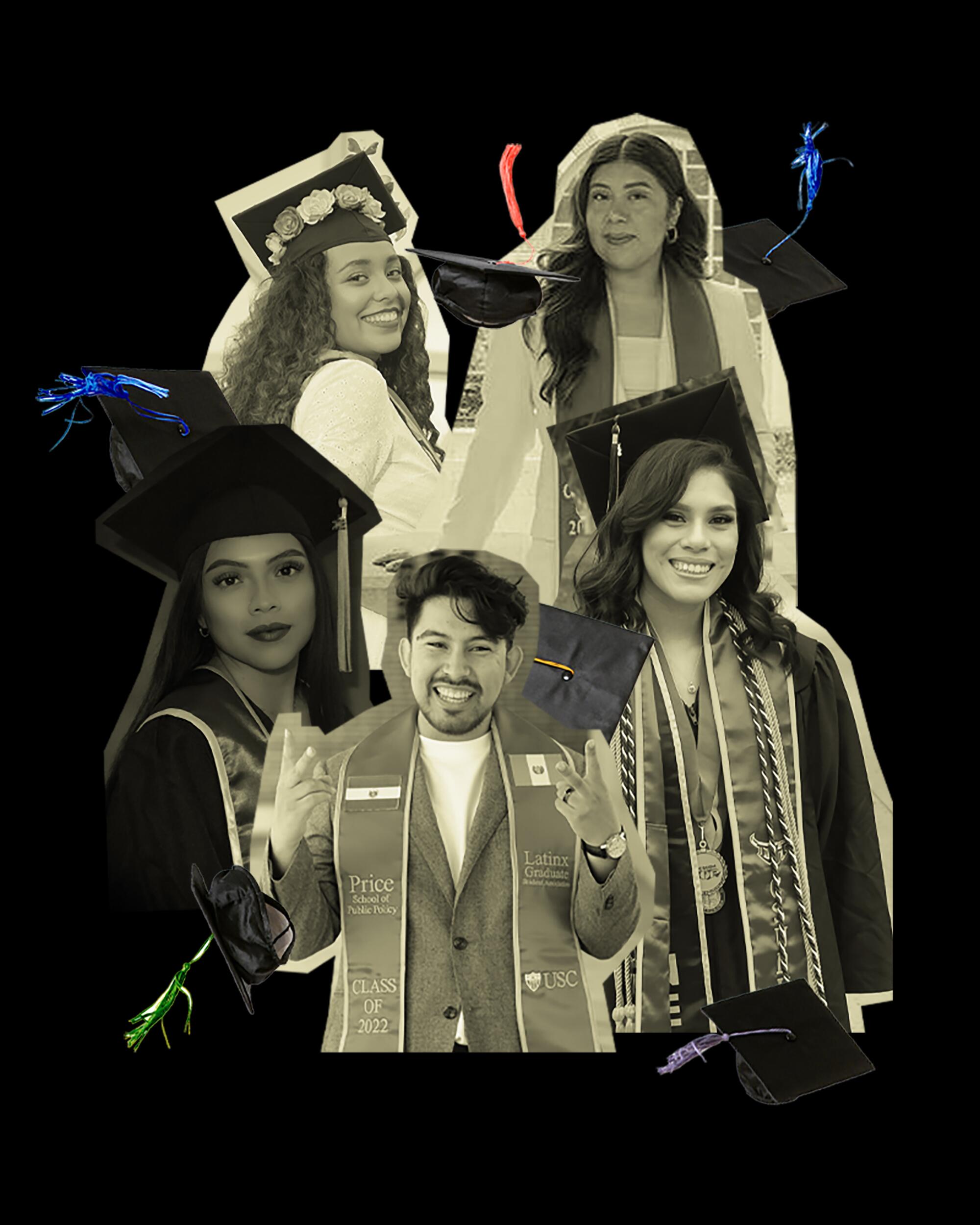 Images of graduating students and graduation caps 