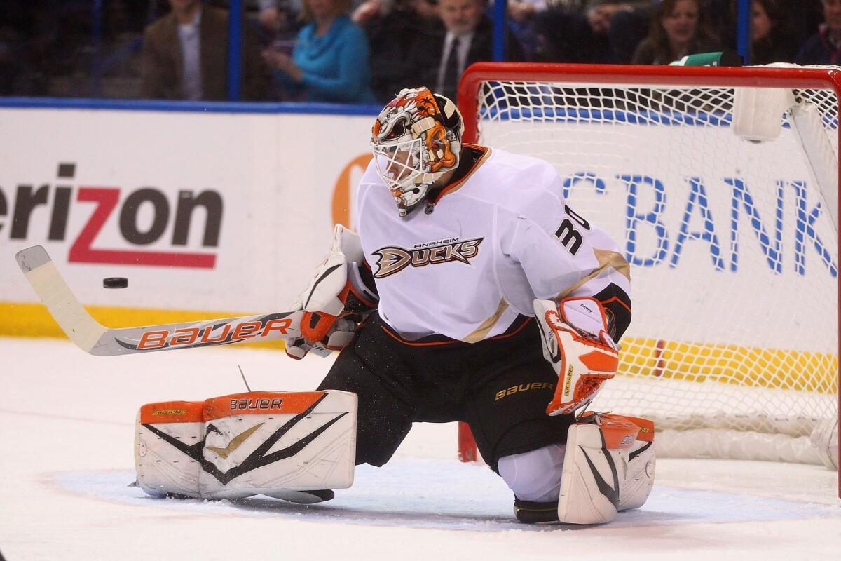 Ducks goalie Viktor Fasth makes a save against the St. Louis Blues at the Scottrade Center.