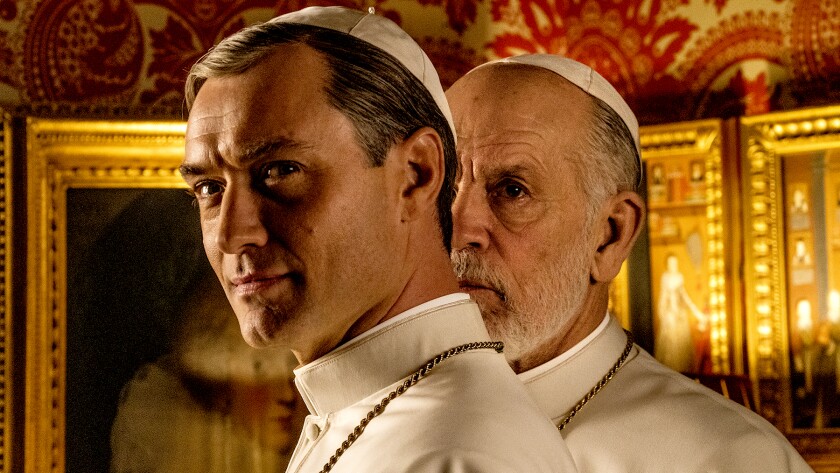 "The New Pope," HBO's sequel to "The Young Pope," premieres with Jude Law, left, and John Malkovich.