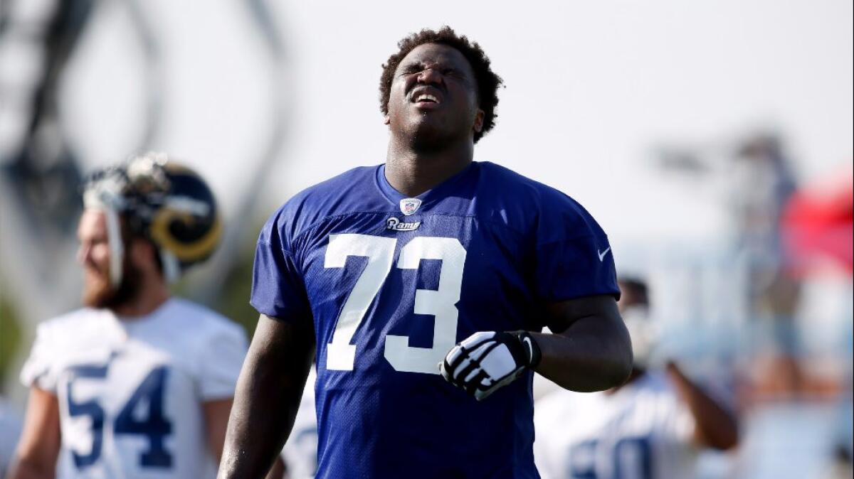 Left tackle Greg Robinson is seen the first day of training camp in Irvine on July 30.