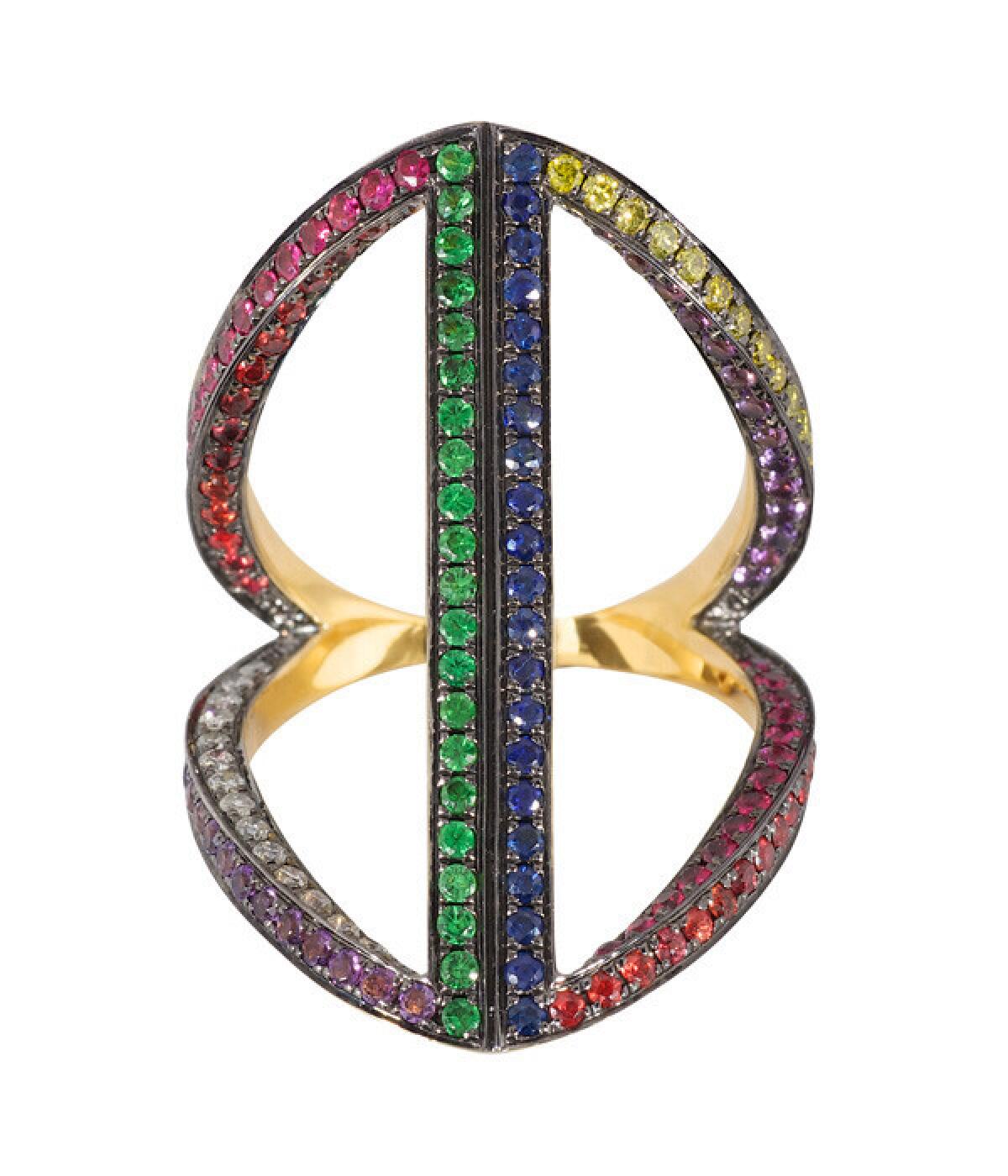 Noor Fares rhombus ring crafted in 18-karat yellow gold with multi-colored sapphires and a black rhodium finish.