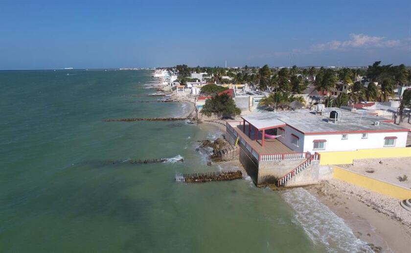 Fotografía de una playa erosionada en el estado de Yucatán (México). Las olas golpean sin piedad las playas de la franja costera de Yucatán, en el suroriente de México, empujando con fuerza las partículas de arena que promueven el proceso de erosión, ocasionando graves problemas a los municipios y propietarios de casas veraniegas. EFE/Archivo
