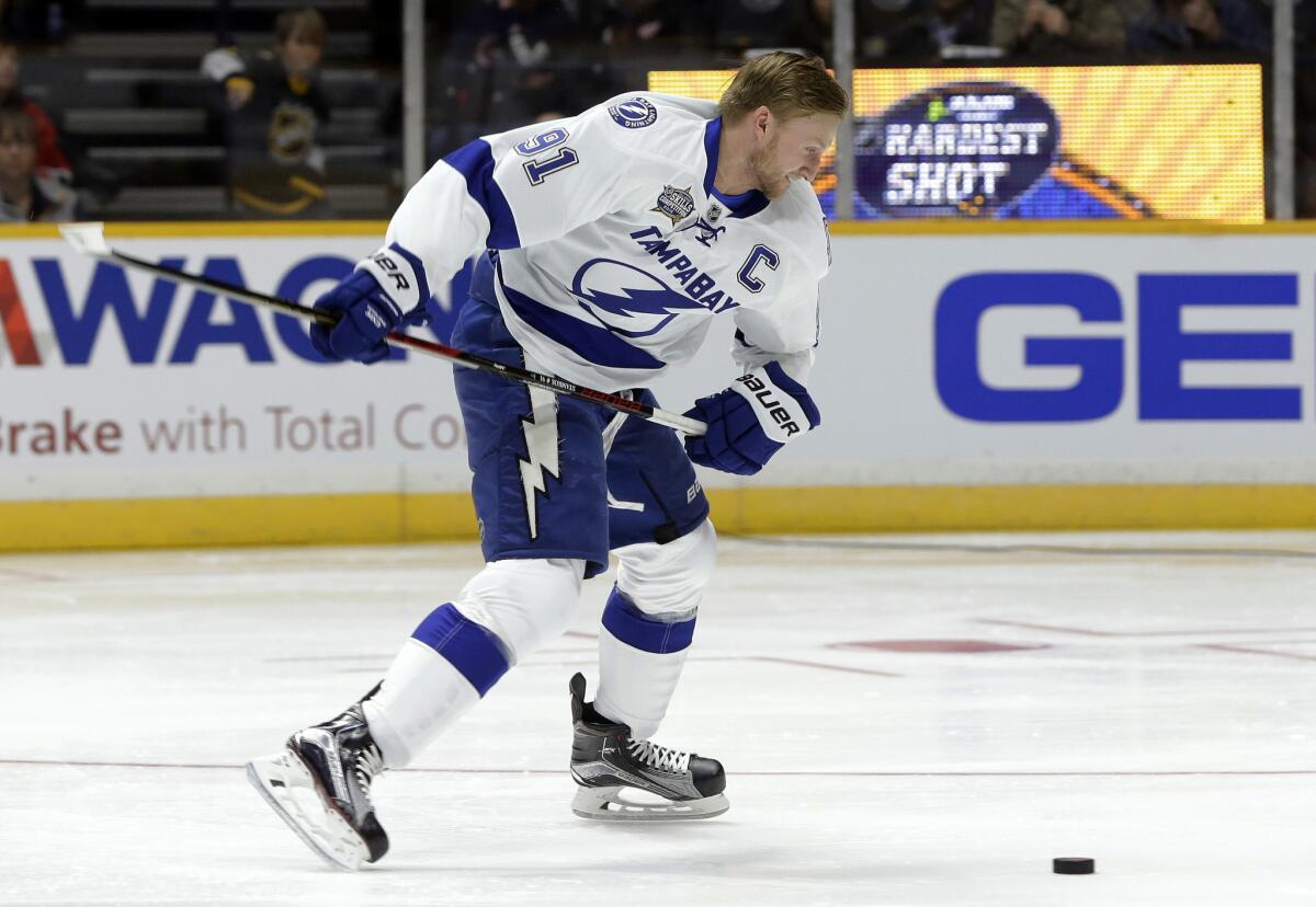 Lightning forward Steven Stamkos (91) competes in the hardest shot competition at the NHL All-Star game skills competition in Nashville, Tenn.