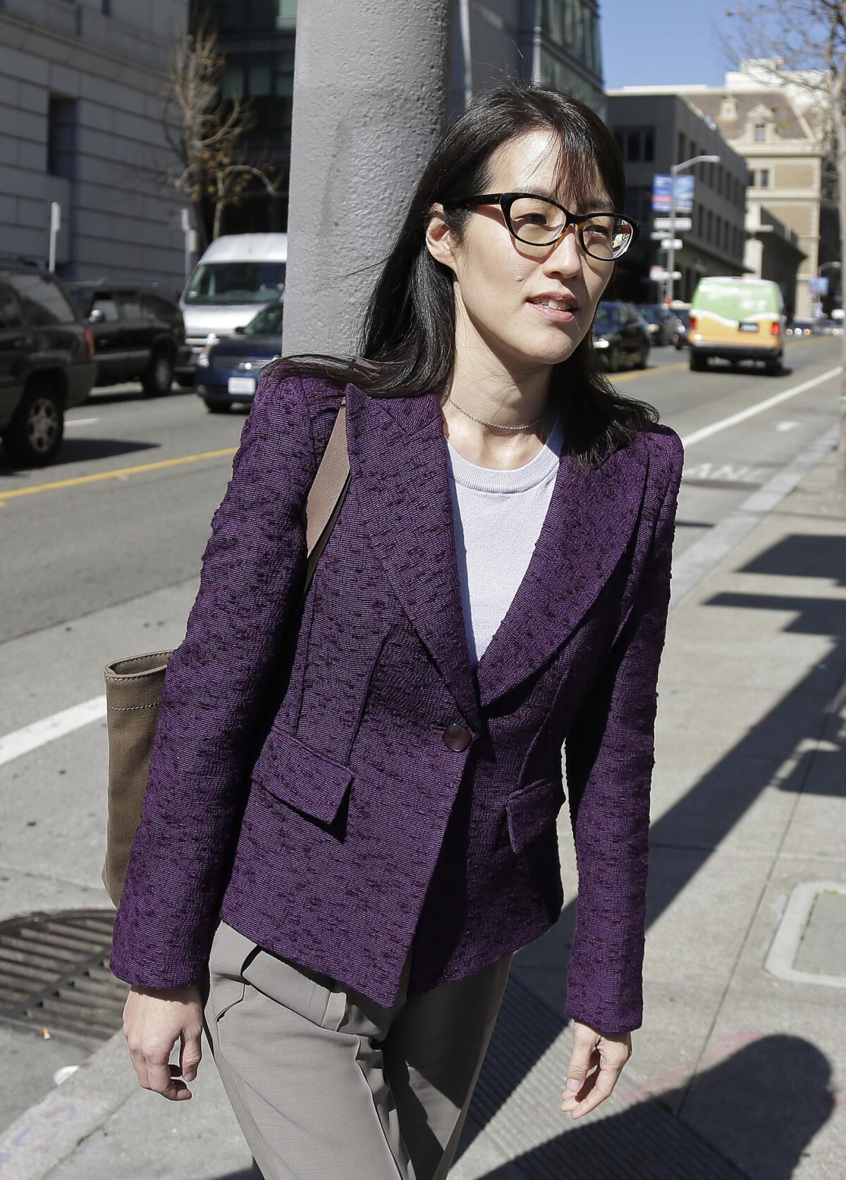 Ellen Pao leaves the Civic Center Courthouse during a lunch break in her trial in San Francisco. Pao has said she was abruptly fired after filing her lawsuit alleging gender discrimination at the firm. The firm has said she had a history of conflicts with colleagues.