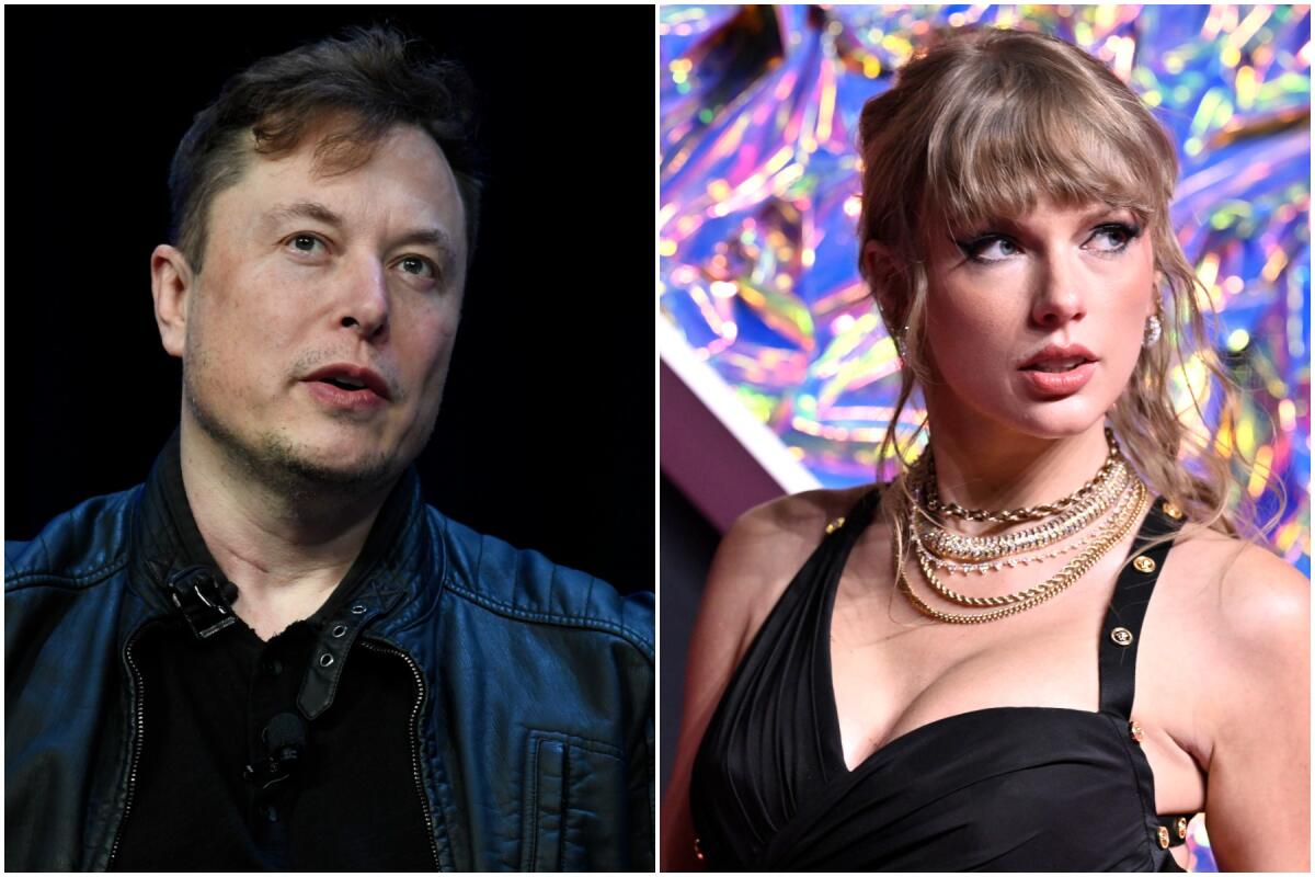 Split: left, Elon Musk wears a blue jacket and black shirt; right, Taylor Swift wears a black dress with gold buttons