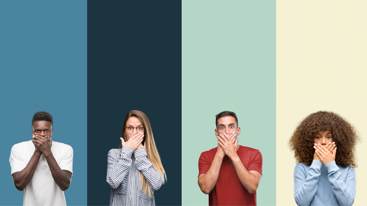 Group of people over vintage colors background shocked covering mouth with hands for mistake. Secret concept. Four people.