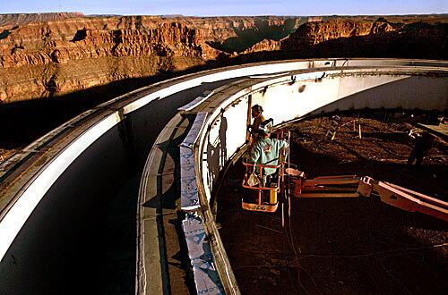 Adjacent to Grand Canyon National Park, the Hualapai Tribe in Peach Springs, Ariz., is building a Skywalk extending 70 feet over the South Rim of the Grand Canyon. The U-shaped, glass-bottom steel structure will hold 120 people 4,000 feet above the canyon.