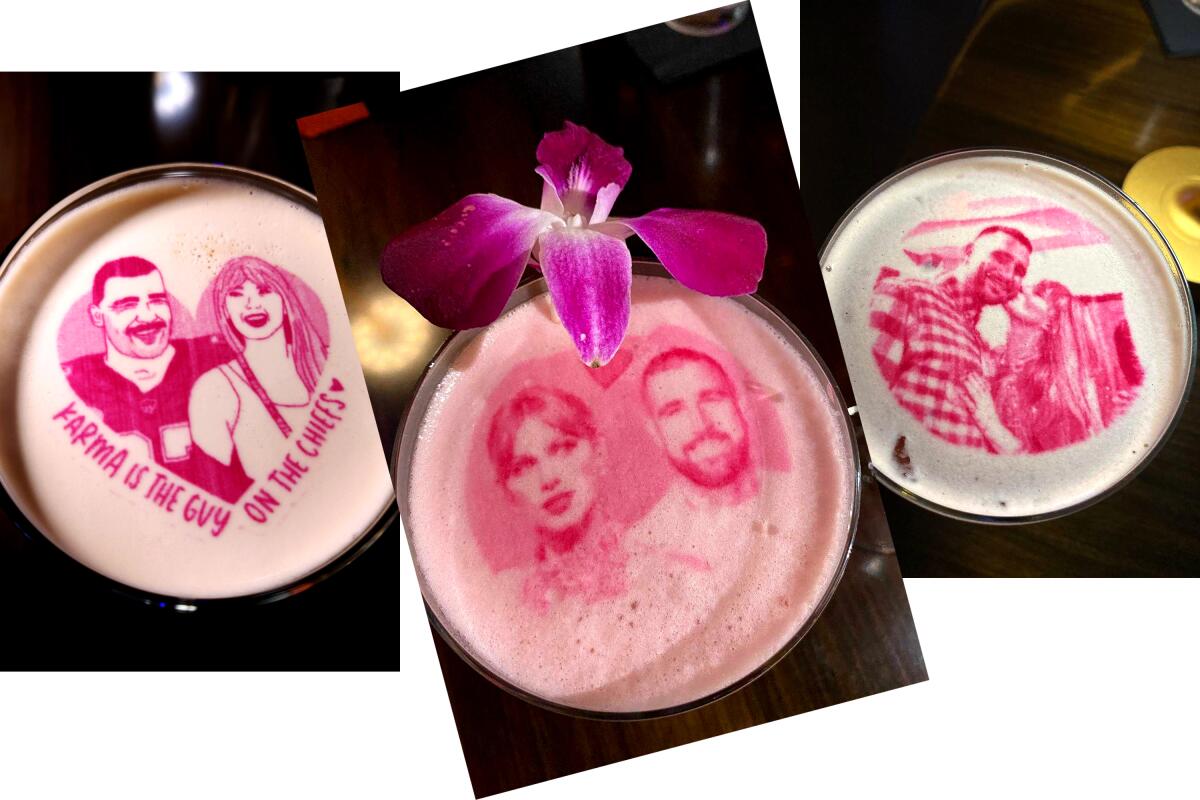 "Love Story" cocktails with pink and red images of Taylor Swift and Travis Kelce floating on top.