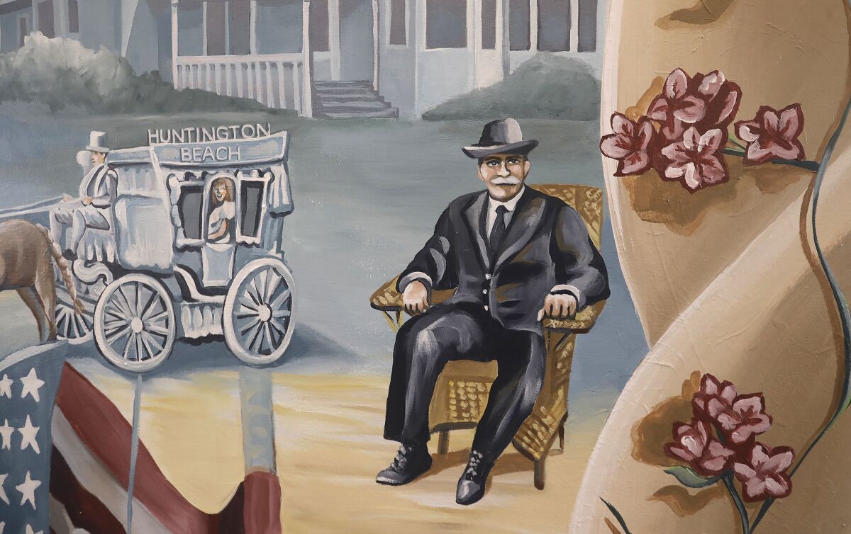 Henry Huntington on a mural depicting the history of Huntington Beach inside the theater at Huntington Beach High.