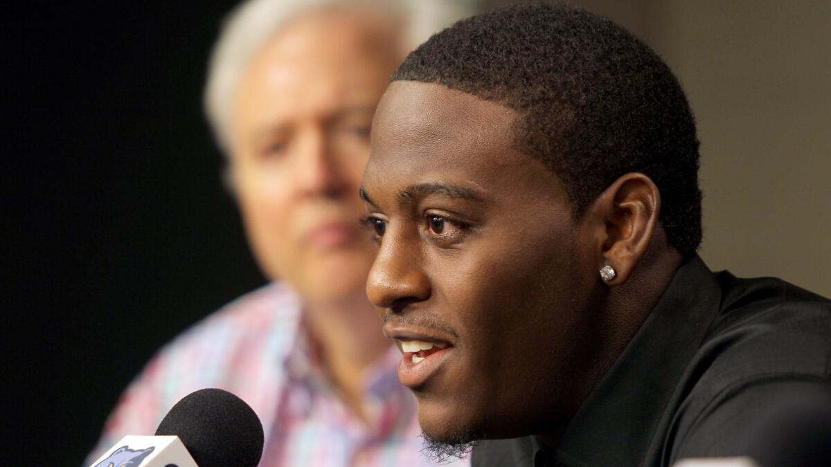 Former UCLA guard Jordan Adams speaks at a news conference Saturday after being selected in the first round of the NBA draft by the Memphis Grizzlies on Thursday.