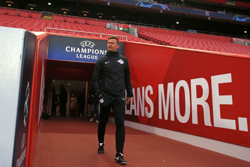 Red Bull Salzburg coach Jesse Marsch walks out of the tunnel before a training session at Anfield ahead of a UEFA Champions League match against Liverpool.
