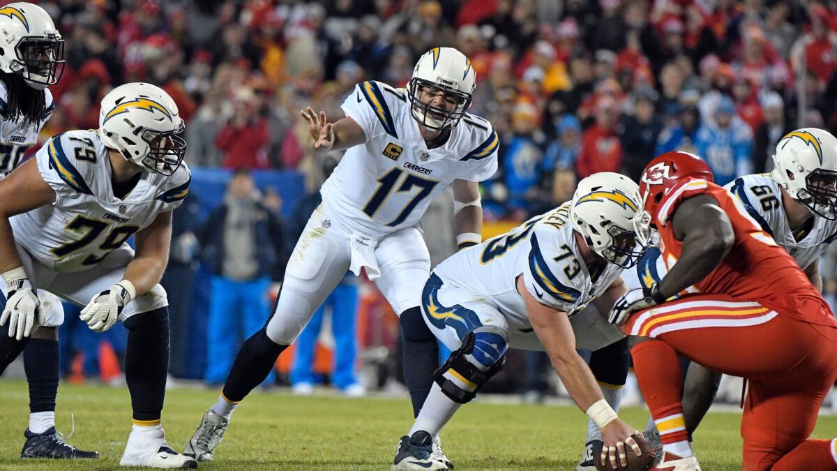 Philip Rivers calls a play during the second half against the Kansas City Chiefs.