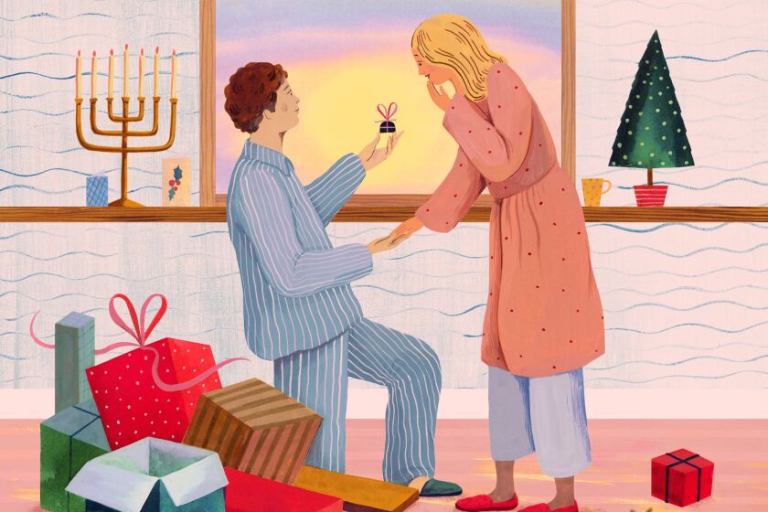 Photo illustration for L.A. Affairs column by Andrew Delman, "The Proposal," slated to run in L.A. Times Holiday Gift Guide 2018. Illustration by Sarah Wilkins / For The Times