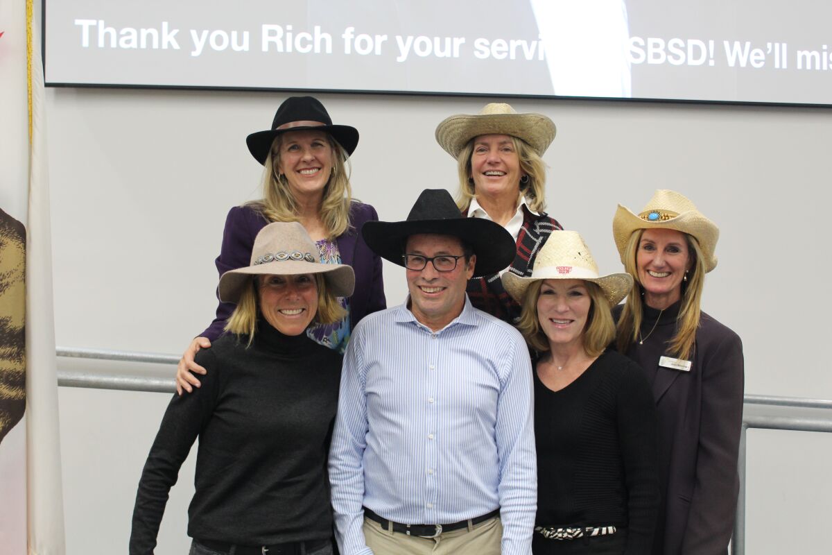 Solana Beach School District trustees and superintendent wore cowboy hats to honor board member Rich Leib at his last school board meeting.