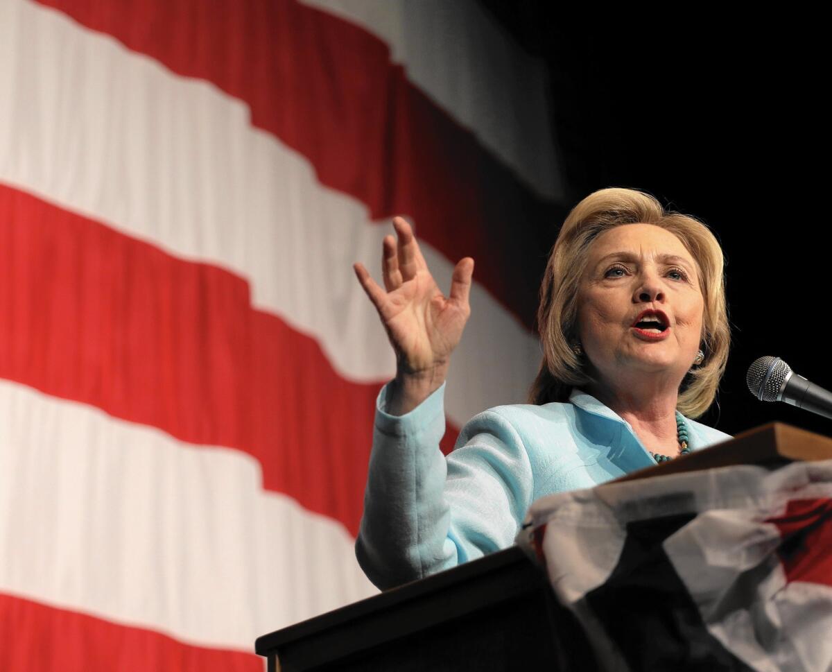 Democratic presidential candidate Hillary Rodham Clinton speaks at the Iowa Democratic Wing Ding in Clear Lake, Iowa on Aug. 14.