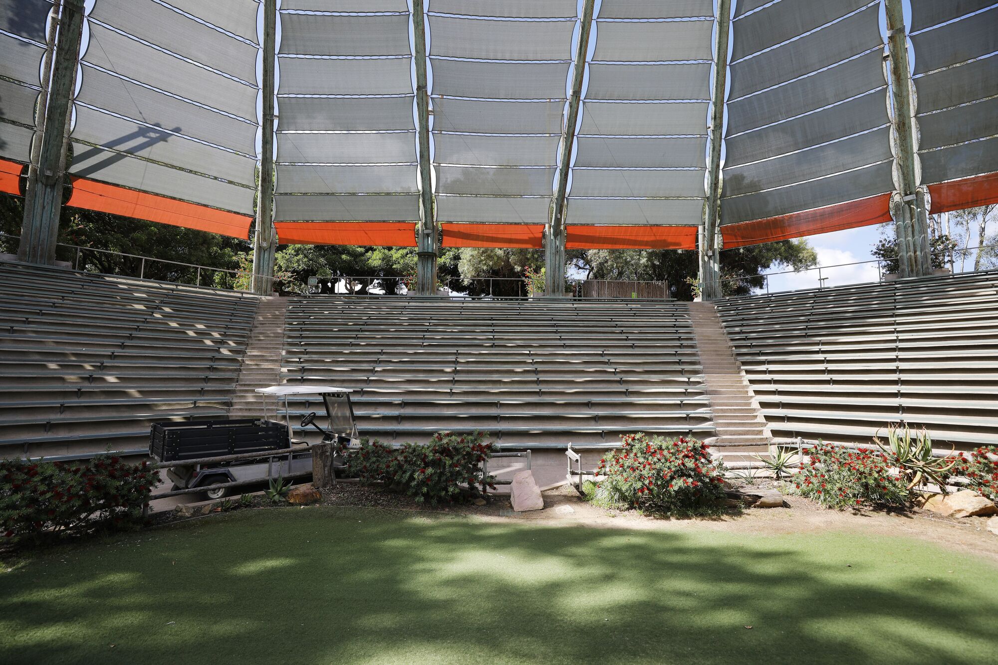Benbough Amphitheater, which hosts the Frequent Flyers Bird Show, sits empty on May 19, 2020, at the San Diego Zoo Safari Park.