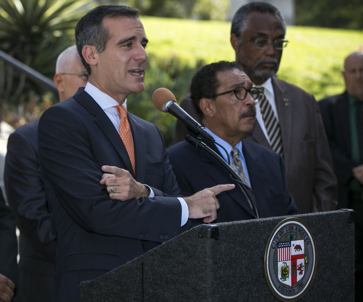Mayor Eric Garcetti and Los Angeles City Council members announce a homelessness emergency plan on Sept. 22.