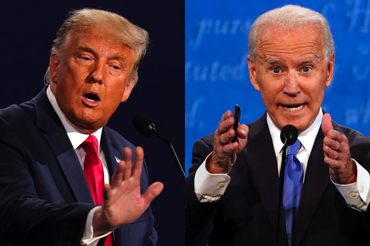 Diptych shows President Trump and Joe Biden gesturing as they speak on debate stage