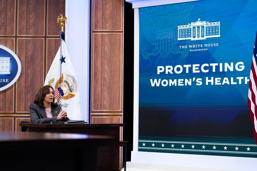 Vice President Kamala Harris speaks during a virtual meeting with abortion providers 