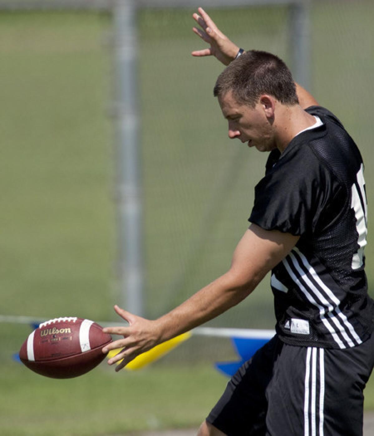 UCLA punter Jeff Locke works on his technique during summer camp at Cal State San Bernardino in August.
