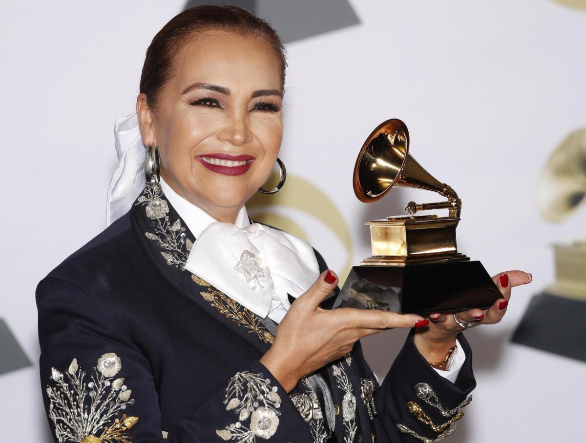 Aida Cuevas poses in the press room with the Grammy for Best regional Mexican Music Album during the 60th annual Grammy Awards ceremony at Madison Square Garden in New York, New York, USA, 28 January 2018.