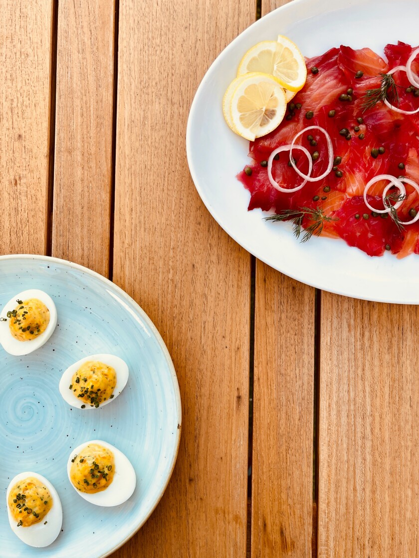 Deviled eggs and smoked salmon with dill are on the Easter menu at Farmer & the Seahorse in La Jolla.