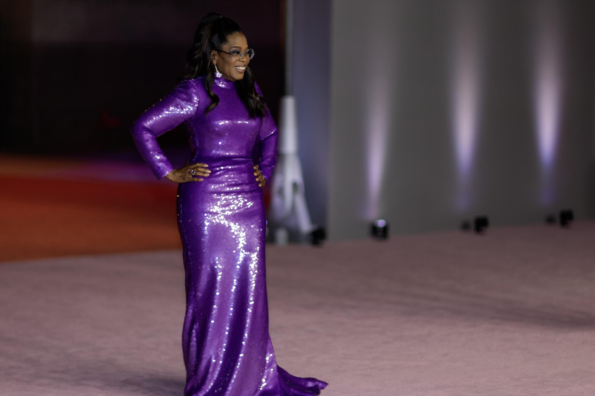 Oprah Winfrey poses in a purple gown