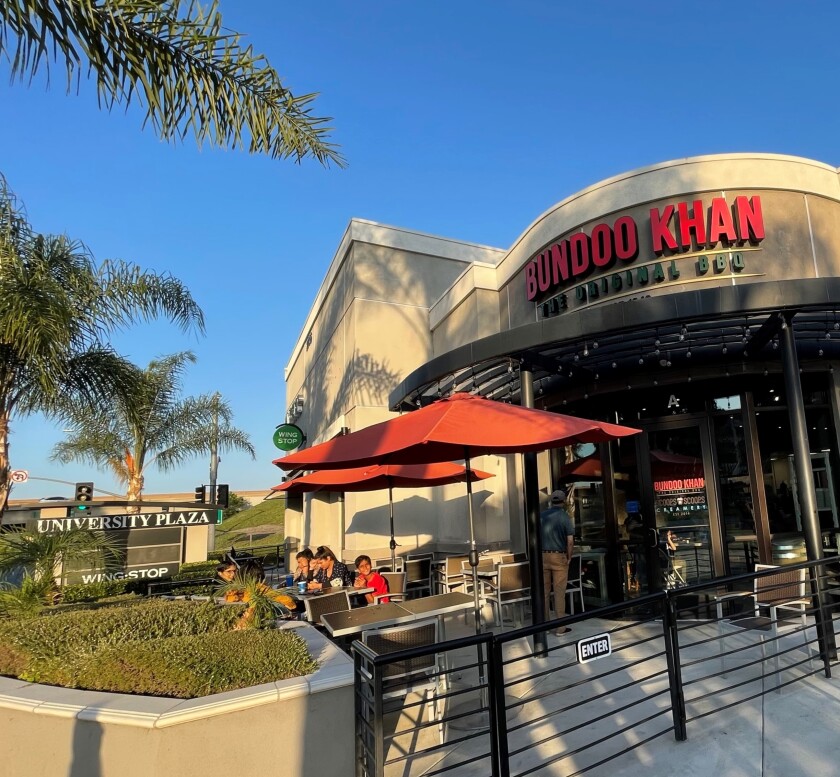 Outside Bundoo Khan - the Original BBQ at University Plaza in Fullerton.